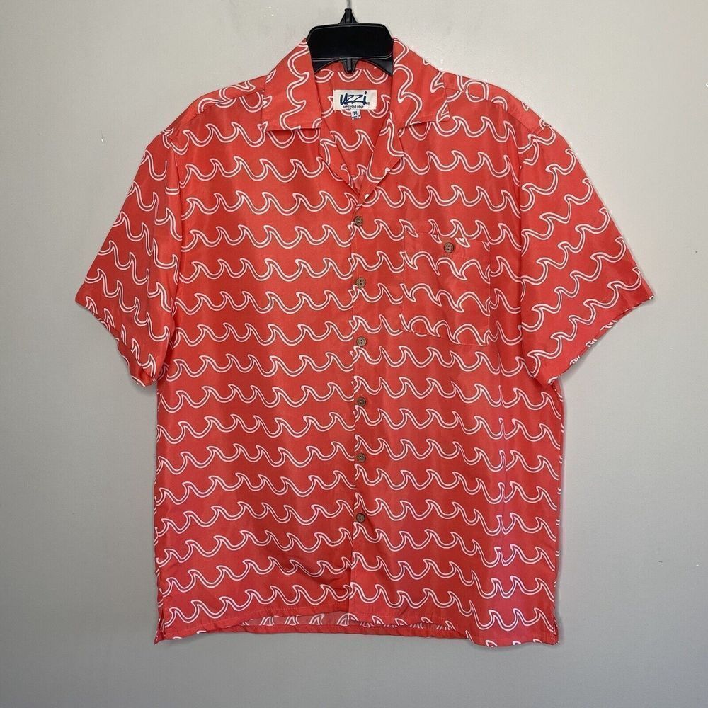 UZZI Amphibious Gear Mens Button-Up Shirt Sz M Wave Print Hawaiian Coral-Orange